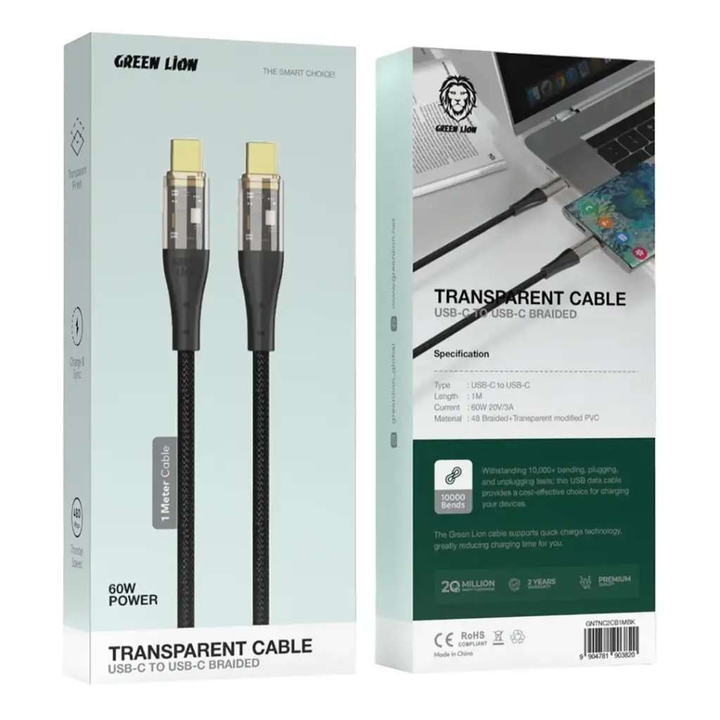 Green Lion Transparent Cable USB-C To USB-C Braided - Linkphones Center